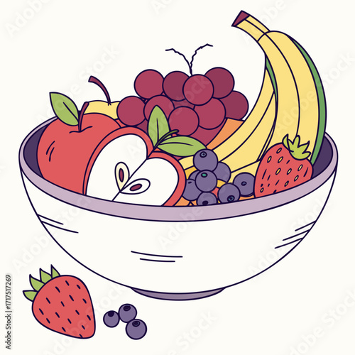 A delightful illustration of a white bowl overflowing with a vibrant assortment of fresh fruits including apples bananas grapes blueberries and strawberries