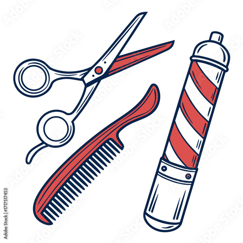 Classic barber pole scissors and comb illustration representing vintage barbershop tools and services
