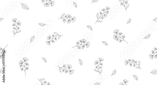 Delicate Floral Pattern Background with Small Flowers and Leaves in a Simple Line Art Style