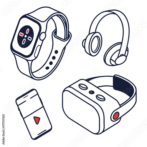 Collection of modern electronic gadgets including a smartwatch headphones virtual reality headset and smartphone