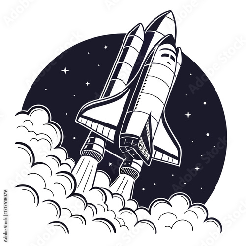 Dramatic illustration of a space shuttle launching into the starry night sky with powerful engine exhaust and clouds