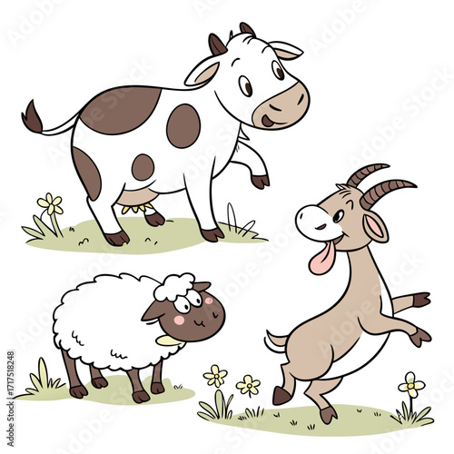 Happy cartoon cow sheep and goat playing together in a grassy field with flowers on a white background