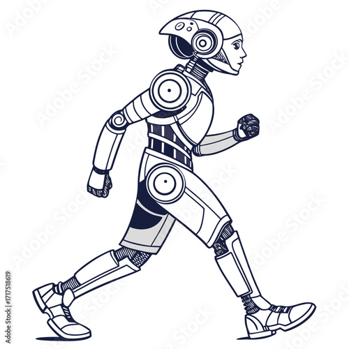 Stylized line art illustration of a futuristic humanoid robot in motion running forward with determination and technological advancement