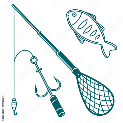 Stylized teal outline illustration of fishing gear including a rod hook line sinker net and fish