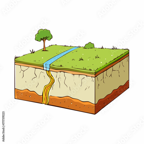 Geological cross section demonstrates fault line under riverbed