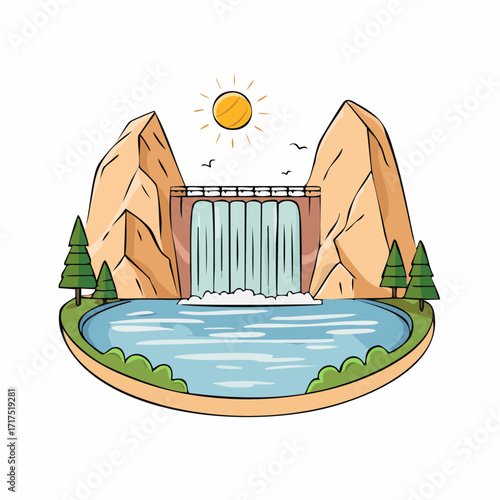 Cartoon illustration of dam creating a reservoir in the Mountain Canyon