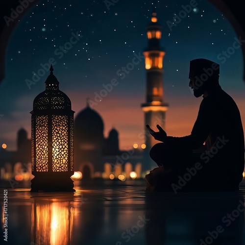 A person sits in silhouette, praying beside an ornate lantern that casts a warm glow, with a mosque and starry night sky in the background.