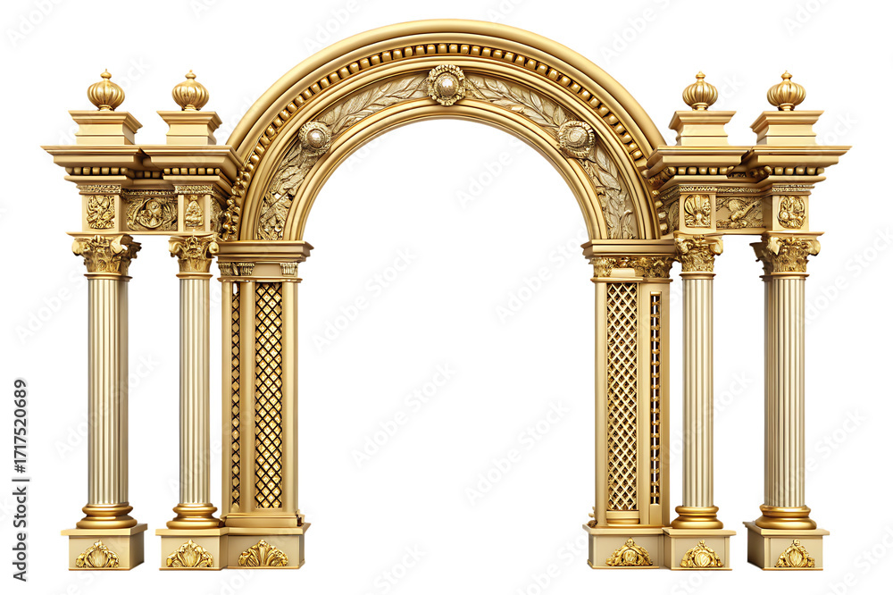 Fototapeta premium Ornate Golden Archway with Columns and Decorative Elements on Background Keywords: archway isolated on a transparent background