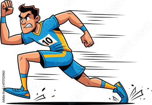 Cartoon athlete character running in blue and yellow uniform, intense expression, energetic vector illustration for sports, competition, and motivation themes