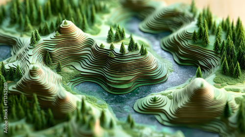 Abstract Topographic Landscape with Miniature Forest and Waterways.