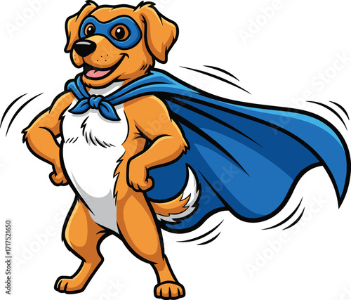Superhero dog cartoon character with cape and mask, standing confidently, playful animal mascot for kids, comics, education, and pet branding