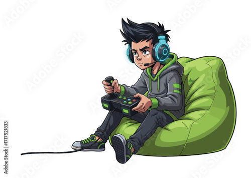 Cartoon gamer character with headset and controller, sitting on bean bag, focused expression, vibrant vector illustration for gaming and youth themes
