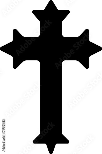 Christian cross icon.Vector illustration of grungy christian cross black and outline symbol isolated on white background.Holy Spirit. Religious. Baptism Christening Invitation.