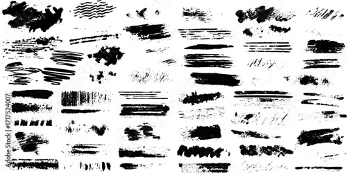 set of black ink splashes with various watercolor brush strokes, Worn Edges, Vintage Grain, Rough Surface Patterns, Retro Print Noise, Dirty Background Elements, Abstract Design Set.	