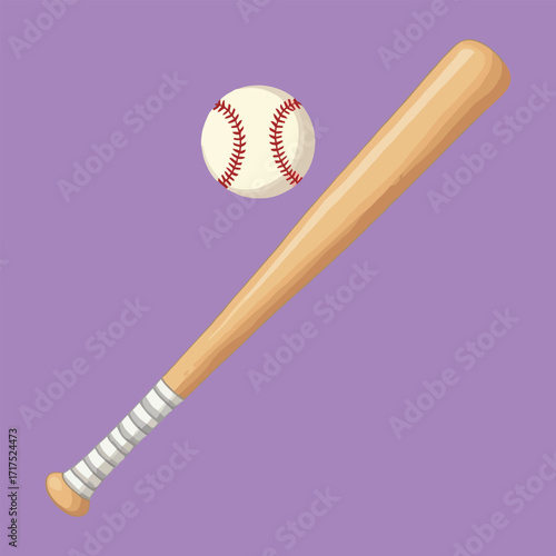 A single wooden baseball bat and white leather ball used for the sport of baseball