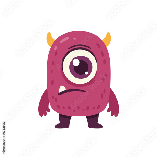 Cartoon illustration of a purple one-eyed monster with yellow horns and a tooth.