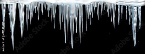 line of icy blue transparent icicles on a black background.Close-up, long