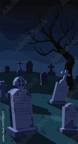A spooky illustration of a graveyard at night, with tombstones and a bare tree under a dark sky.