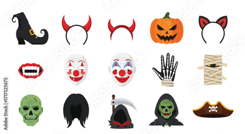 A collection of various Halloween-themed costume accessories and decorations, including a witch hat, devil horns, a pumpkin, masks, and a grim reaper.