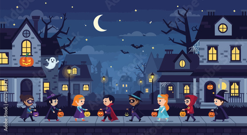 Halloween night scene with children trick-or-treating in costumes.