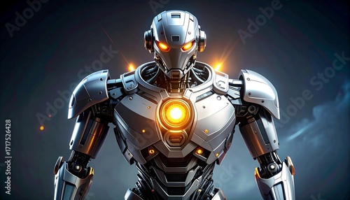 Futuristic Combat Robot Radiates Power Through Glowing Core and Precision Engineered Design