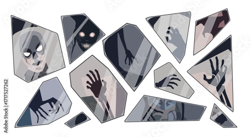 A fragmented mirror reflects distorted figures, hands, and faces, creating a surreal and unsettling composition.