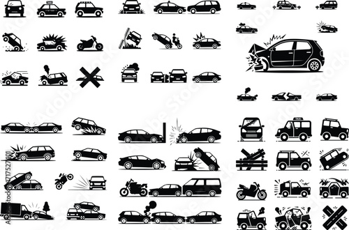 Car Crash Icon Silhouette Set Vehicle Accident Silhouette Icon Collection