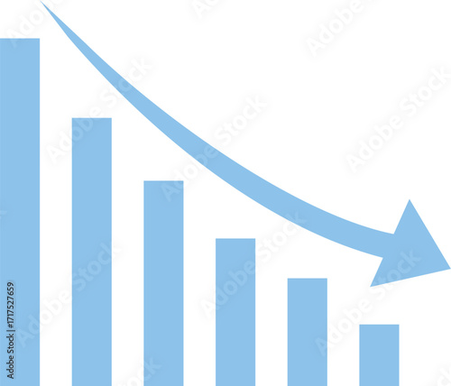 business decline chart with downward arrow, financial loss bar graph, negative progress statistics icon