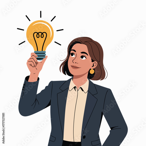 Businesswoman holding a glowing lightbulb representing a new idea.