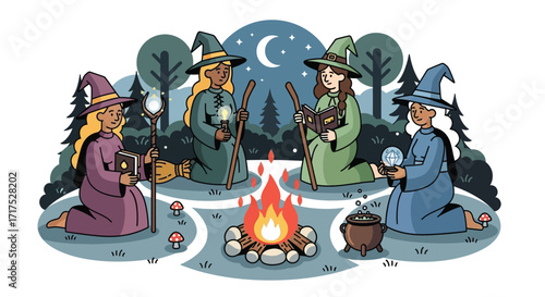 Four witches around a campfire under a starry night sky in a forest.