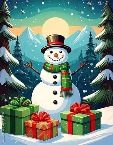 Snowman with gifts in a snowy mountain landscape