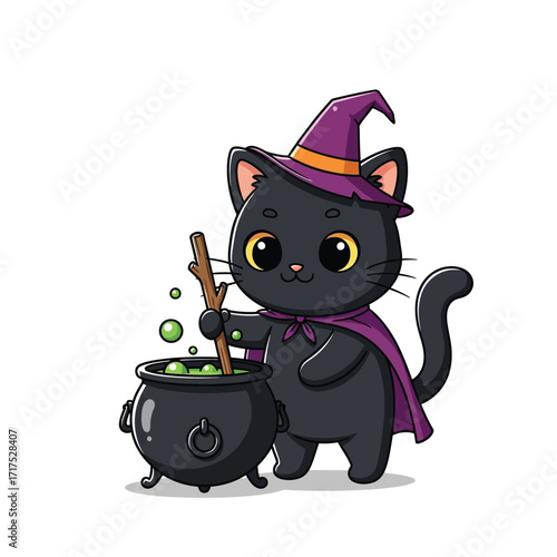 A cute black cat wearing a witch hat and cape, stirring a bubbling cauldron with a wooden stick.