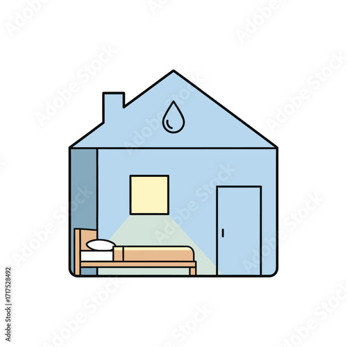 A simple blue house illustration with a visible lit bedroom inside