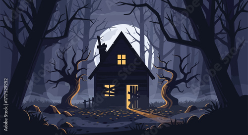 An eerie wooden cabin sits in a spooky, dark forest under the light of a full moon.