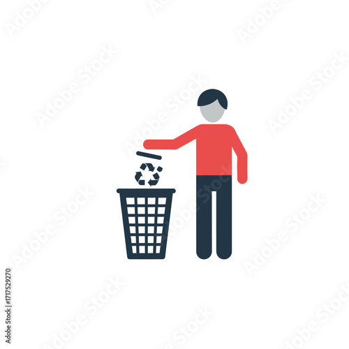 A stick figure depositing waste into a recycling bin simple graphic