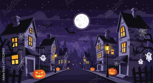 A spooky Halloween night scene with decorated houses, jack-o'-lanterns, and a full moon.