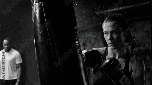 Black and white slow-motion video of a powerful woman boxer hitting a punching bag.