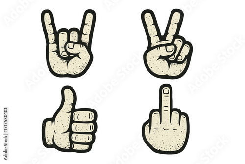 Hand gestures set vector icon collection. Rock on, peace sign, thumbs up, and middle finger. Grunge retro vintage style illustration. Like, approval, victory, and fuck you symbol.