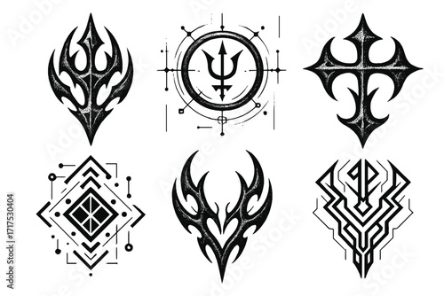 Set of cyber sigilism neo-tribal tattoo designs. Dotted halftone gothic and geometric graphic elements. Mystic futurism symbols, ancient tech art for digital branding.