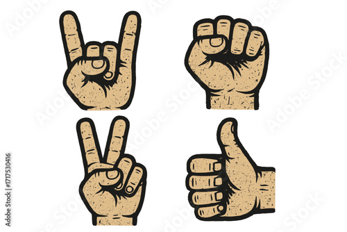 Set of hand gestures vector illustration. Rock on, fist, peace sign, and thumbs up. Grunge retro style icons for communication, approval, protest, and music concepts.