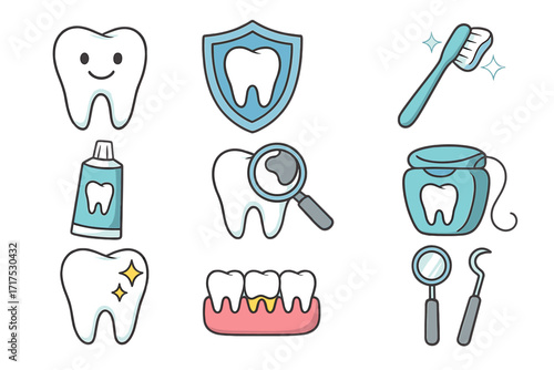 Dental care icon set. Cute cartoon dentistry symbols. Oral hygiene, stomatology concept. Healthy tooth, caries, plaque, toothbrush, toothpaste, floss, dental tools for clinic.