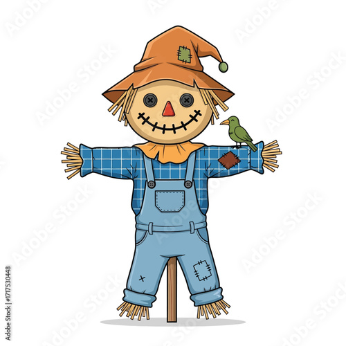 Friendly scarecrow with overalls and bird.
