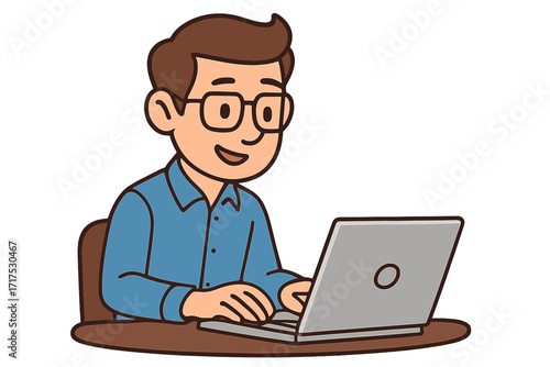 Smiling man with glasses working on a laptop at his desk. Office worker, programmer, or freelancer typing. Business communication concept. Cartoon vector character illustration.