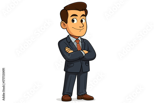 Confident businessman character vector illustration. Cartoon professional manager in a suit with arms crossed. Successful corporate person smiling. Isolated graphic element.