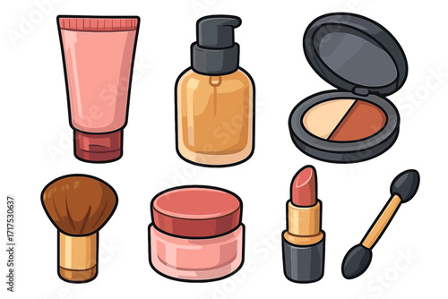 Makeup cosmetics vector icon set. Beauty products illustration. Foundation, lipstick, eyeshadow, powder, brush. Glamour fashion concept. Skincare routine. Isolated cartoon elements.