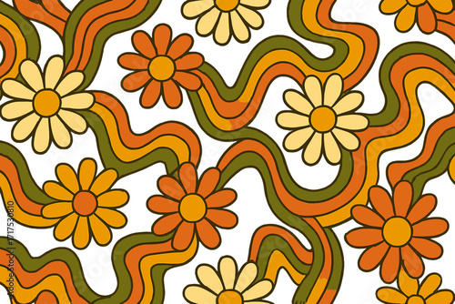 70s groovy seamless pattern with vintage daisy flowers and psychedelic wavy lines. Retro floral background with a fun hippy vibe. Groovy chamomile flower power texture for design.