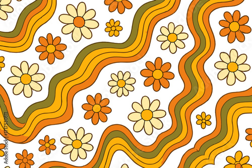 Groovy 70s seamless pattern with vintage daisy flowers and psychedelic wavy lines. Hippy floral texture for surface design. Fun retro background with chamomile blossoms.