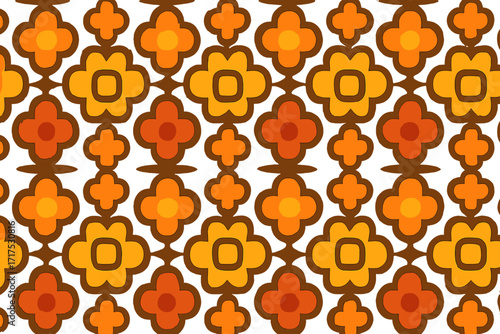 70s retro seamless pattern with ornate grid and groovy flowers. 60s aesthetic background in vintage style. Vector geometric floral illustration for textile, wallpaper, wrapping.