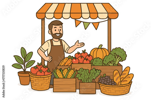 Friendly farmer selling fresh organic vegetables and fruits at a local street market stall. Vector cartoon of a greengrocer with a harvest of healthy food. Small business.
