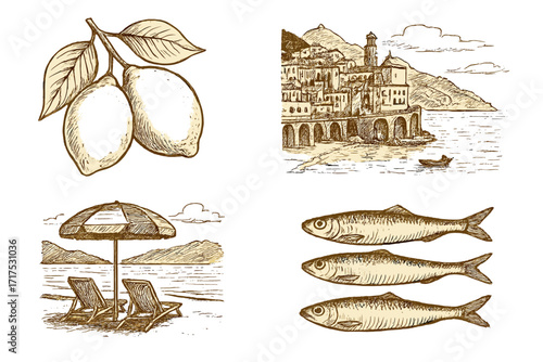 Amalfi coast summer vacation set. Hand drawn vintage line art of Italy. Seaside town, lemon, fish, and beach scene. Ink sketch for posters, restaurant menu or travel decor.